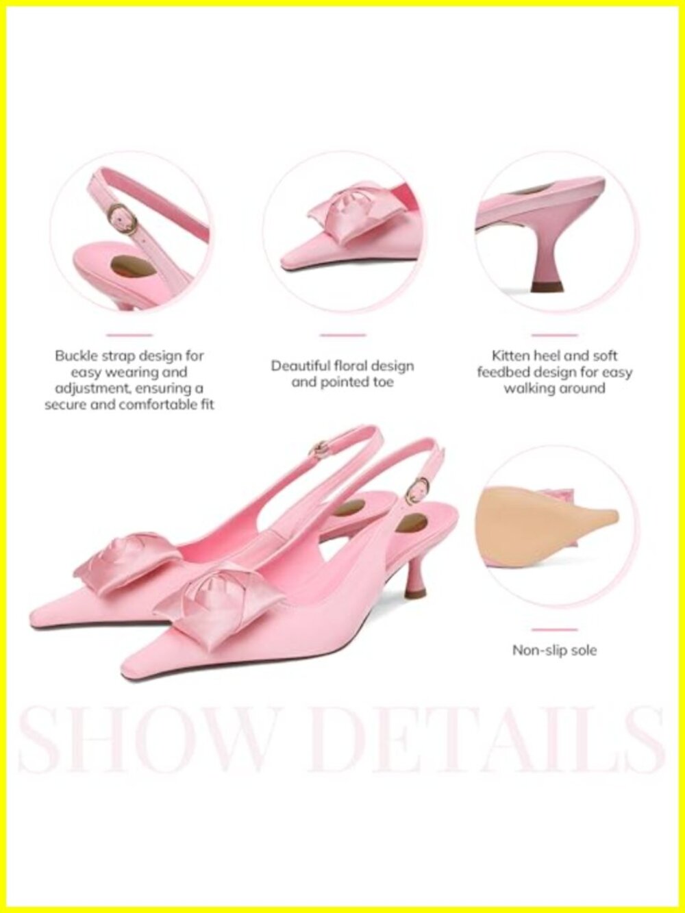 Satin Floral Slingback Kitten Heels Pointed Toe Pumps - Picture 4 of 6